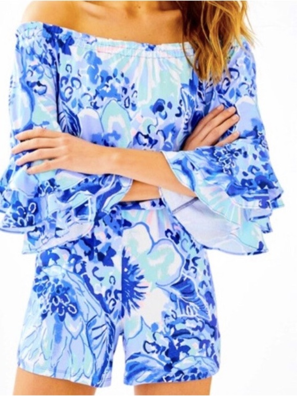 Lilly Pulitzer Calla Blue Floral Off-Shoulder Romper
